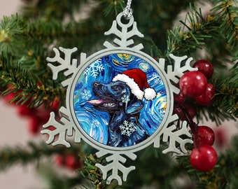 Pewter Snowflake Christmas Ornament - Black Labrador In Santa Hat Starry Night Dog Art by Aja Holiday Decoration