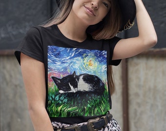 Shirt - Sleeping Tuxedo Kitten Cat Starry Night Short-Sleeve Unisex T-Shirt Art by Aja Soft top clothing Apparel