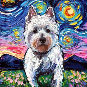 Westie Flowers Starry Night Print dog lover gift Aja pet Westhighland Terrier wall art decor choose size type of paper