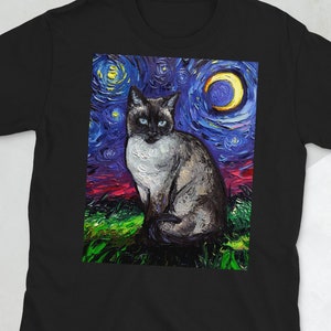 Shirt  Siamese Cat Starry Night ShortSleeve Unisex TShirt Art by Aja Soft top clothing Cute Pet Artwork gift animal moon apparel