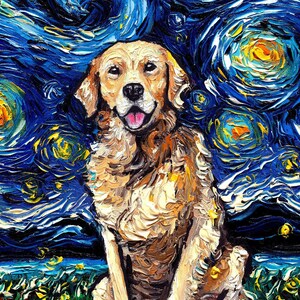 Golden Retriever Art 8x10 Starry Night Print dog lover gift cute art by Aja pup pet poster wall art decor picture