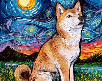 Shiba Inu 2 Art - Starry Night print by Aja choose size and type of paper Photo Paper Watercolor or Paper artwork doge home decor