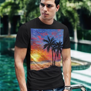 Shirt  Paradise at Dusk  Palm Trees Tropical Beach Sunset Ocean ShortSleeve Unisex TShirt Art by Aja Soft top clothing Artwork Apparel