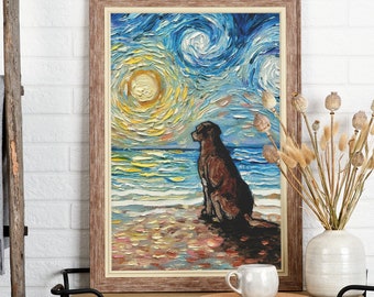 Chocolate Labrador Beach Art Print, Starry Night Dog Lover Gift