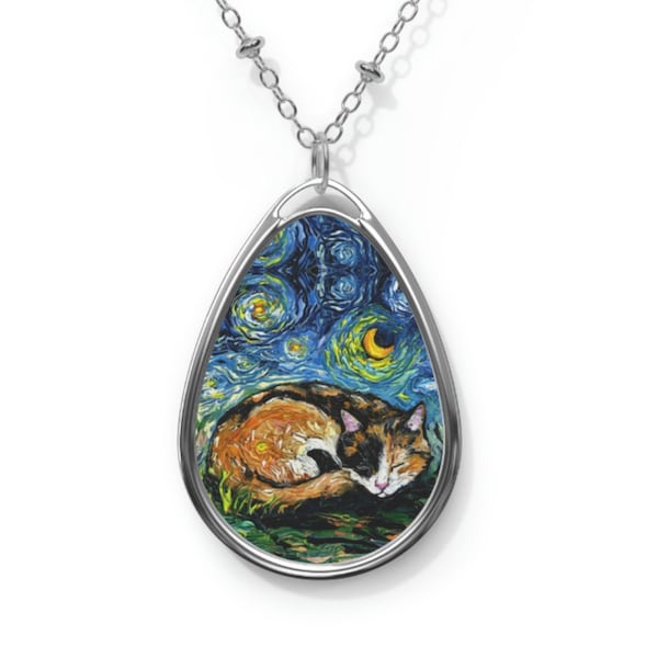 Sleeping Calico Cat Starry Night 1.5x1 inch Oval Pendant on 20.47 inch Chain Necklace Jewelry Art by Aja