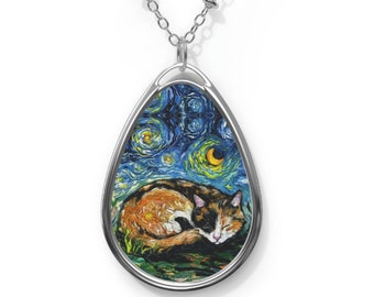 Sleeping Calico Cat Starry Night 1.5x1 inch Oval Pendant on 20.47 inch Chain Necklace Jewelry Art by Aja