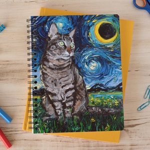 Spiral Notebook Tabby Cat Starry Night Soft Cover Journal Cat Lover Gift Idea School Supplies Cat Office Stationary Animal Art Notebook