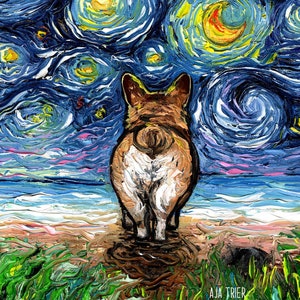 Corgi Butt on the Beach Art Starry Night Art Print by Aja choose size and type of paper pup puppy pittie animal pet wall decor