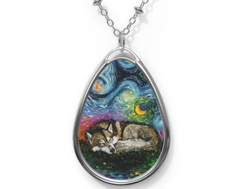 Sleeping Brown Husky Starry Night Dog 1.5x1 inch Oval Pendant on 20.47 inch Chain Necklace Jewelry Art by Aja