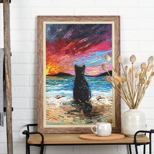 Black Cat Sunset Beach Print Wall Art Cat Lover Gift Idea Pet Mom Gallery Wall Art Coastal Beach House Artwork Colorful Home Decor
