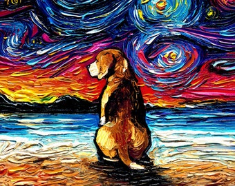Beagle on Beach Starry Night Art CANVAS print Ready to Hang wall decor artwork by Aja colorful animal sunset coast ocean sea pet