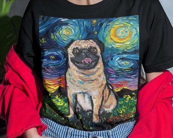 Shirt  Happy Fawn Pug Starry Night Dog ShortSleeve Unisex TShirt Art by Aja Soft top clothing Apparel