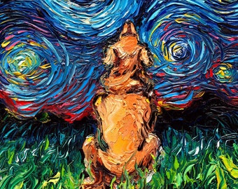 Golden Retriever looking up at sky Art Starry Night Art Print dog lover gift cute art by Aja pup puppy choose size and type of paper