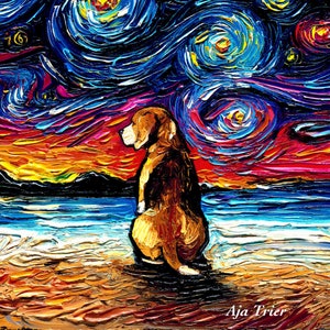 Beagle Dog on the Beach Art - Starry Night Art Print by Aja choose size and type of paper pet artwork cute coastal pet colorful animal