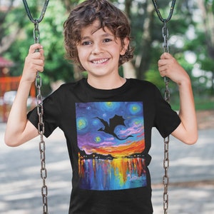 Youth Short Sleeve Tee  Flying Dragon Silhouette Starry Night Black or White ShortSleeve Kids Child TShirt Art by Aja top clothing