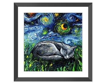 Framed Russian Blue Cat Art Print: Starry Night Home Decor