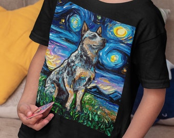 Youth jersey t-shirt - Blue Heeler Starry Night Cattle Dog Kids Child Short-Sleeve Art by Aja Soft top clothing Artwork Apparel