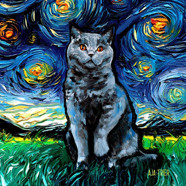 Blue British Shorthair Cat Starry Night Art Print picture by Aja choose size, Photo Paper Watercolor Paper artwork home wall decor pet