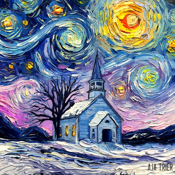Winter Church Canvas Print, Starry Night Landscape Art