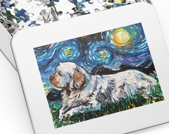 Puzzle - Clumber Spaniel Starry Night Dog 110, 252, Or 500 Piece Puzzles in Gift Tin Art By Aja Rainy Day Activity Free US Shipping