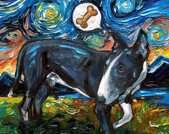 Black and White Bull Terrier Starry Night by Aja, dog or puppy art CANVAS print, choose size