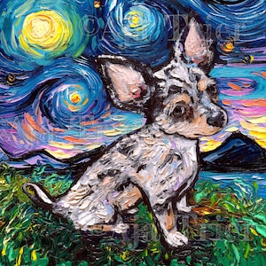 Teacup Merle Chihuahua Art Starry Night Art Print dog picture by Aja choose size and type of paper Photo Paper or Watercolor Paper
