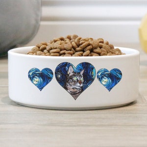 Ceramic Pet Bowl  Tabby Cat and Hearts Starry Night Cats 6 diameter 2.25 tall Food Water Dish Art by Aja holds 3 cups food 24 oz water