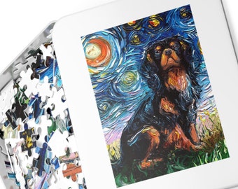 Premium Puzzle - Black And Tan Cavalier King Charles Spaniel Starry Night Dog 110, 252 or 500 pieces in Gift Tin Art By Aja Free US Shipping