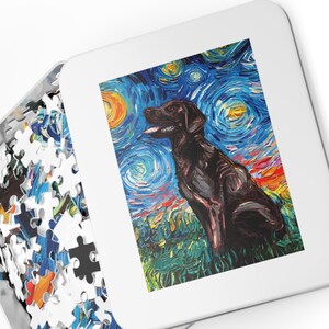 Premium Puzzle  Chocolate Labrador Starry Night Dog 110 252 Or 500 Piece Puzzles in Gift Box Art By Aja Rainy Day Activity Free US Shipping