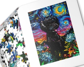 Premium Puzzle - Black Poodle and Hydrangea Flowers Starry Night Dog 110, 252, or 500 piece in Gifts Tin Art By Aja Free Shipping