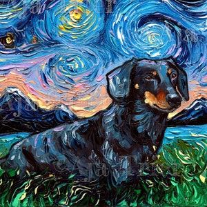 Black and Tan Dachshund Art Starry Night Art Print dog picture by Aja choose size on Photo Paper or Watercolor Paper