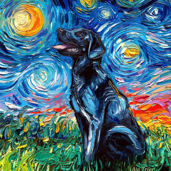 Black Labrador Art - Starry Night Art Print by Aja choose size and type of paper contemporary colorful pet artwork black lab pup