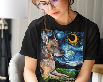 Shirt - Sweet German Shepherd and Crescent Moon Starry Night Dog Short-Sleeve Unisex T-Shirt Art by Aja Soft top clothing Apparel