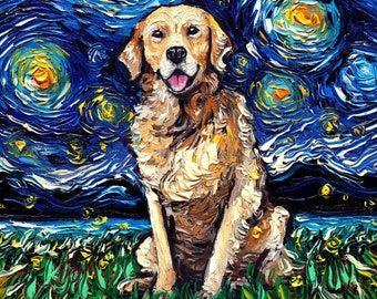 Golden Retriever Art Starry Night Art Print dog lover gift cute art by Aja pup puppy choose size and type of paper