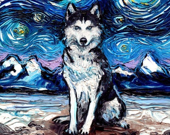 Siberian Husky Art Starry Night Art Print dog lover gift cute art by Aja choose size and type of paper pup puppy