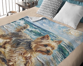 Yorkie Minky Blanket -  Dog at the Beach Home Decor