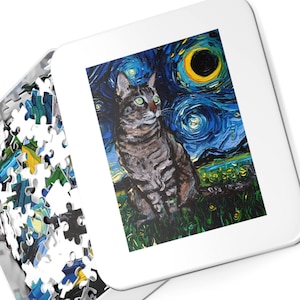 Premium Puzzle - Tabby Cat and Eclipsed Moon Starry Night 110, 252, or 500 Piece Puzzles in Gift Tin Art By Aja Board Game Free Us Shipping