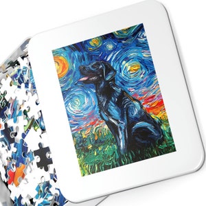 Premium Puzzle  Black Labrador Starry Night Dog 252 Or 500 Piece Puzzles in Gift Box Art By Aja Rainy Day Activity Game Free US Shipping