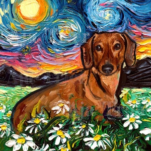Brown Dachshund with flowers Art Starry Night Art Print dog lover gift cute art daisies pup puppy by Aja choose size and type of paper