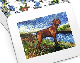 Premium Puzzle - Vizsla on a River Bank Starry Night Dog 110, 252, or 500 Piece Puzzles in Gift Box Art By Aja Free US Shipping