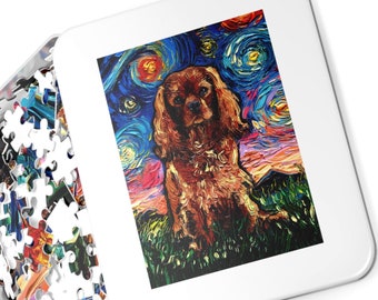 Premium Puzzle - Ruby Cavalier King Charles Spaniel Starry Night Dog 110, 252, or 500 pieces in Gift Tin Art By Aja Activity Free US Ship