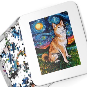 Premium Puzzle - Cute Shiba Inu Starry Night Dog 110, 252, or 500 pieces in Gift Tin Art By Aja Rainy Day Activity Board Game Free US Ship
