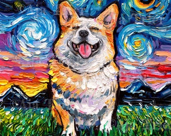 Smiling Pembroke Welsh Corgi Art Starry Night Art Print dog picture by Aja choose size and type of paper Photo Paper or Watercolor Paper