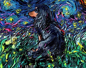 May include: A black dog sitting in a field of green grass with a swirling blue, yellow, and white background reminiscent of Van Gogh's Starry Night.