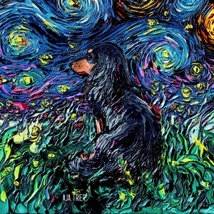 Black and Tan Long Hair Dachshund Art Starry Night Art Print dog lover gift cute art pup by Aja choose size and type of paper wall decor