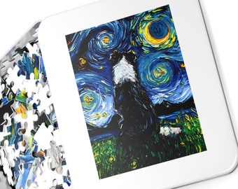 Premium Puzzle - Border Collie Back Starry Night Dog 252 Or 500 Piece Puzzles in Gift Tin Art By Aja Rainy Day Activity Free US Shipping