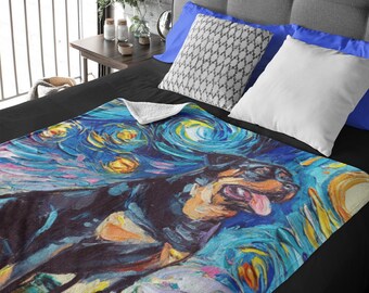 Minky Blanket - Seated Rottweiler Starry Night Art By Aja Home Decor Choose from 3 sizes Free US Shipping
