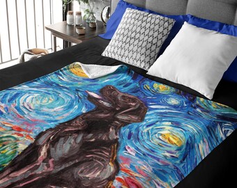 Velveteen Minky Blanket - Chocolate Labrador Starry Night Dog Art By Aja Home Decor Choose from 3 sizes Free US Shipping