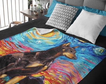 Velveteen Minky Blanket - Red Doberman Pinscher Starry Night Dog Art By Aja Home Decor Choose from 3 sizes Free US Shipping