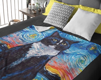 Velveteen Minky Blanket - Tuxedo Cat Starry Night Art By Aja Home Decor Choose from 3 sizes Free US Shipping